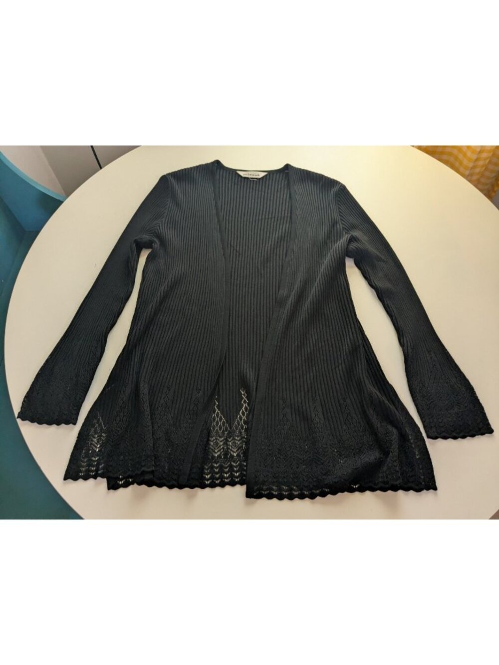 Exclusively Misook Women's Size M Black Open Lace Ribbed Long Cardigan Korea EUC